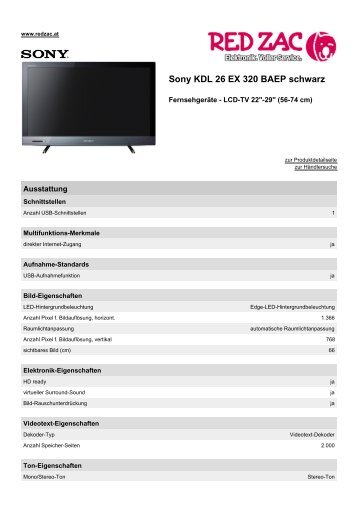 Produktdatenblatt Sony KDL 26 EX 320 BAEP schwarz - Red Zac