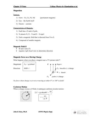 Chapter 19 Notes College Physics by Giambattista et al. Magnetism ...