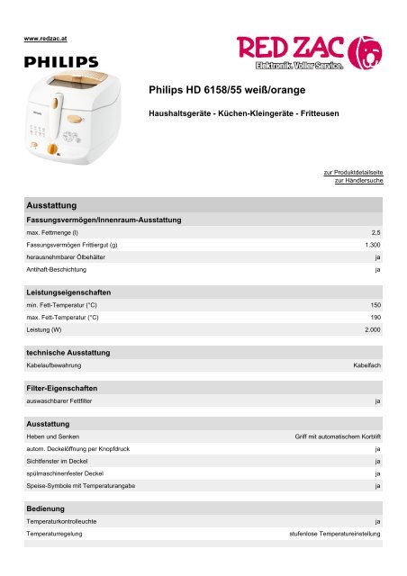 Produktdatenblatt Philips HD 6158/55 weiÃƒÂŸ/orange - Red Zac