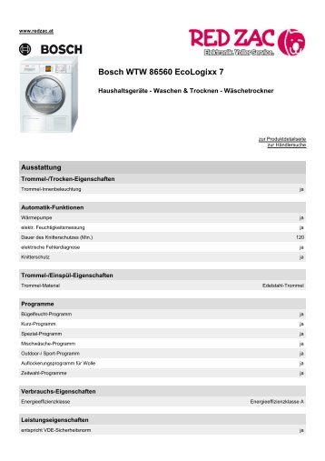 Produktdatenblatt Bosch WTW 86560 EcoLogixx 7 - Red Zac