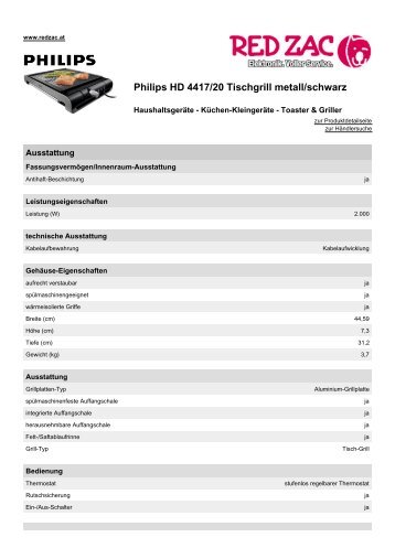 Produktdatenblatt Philips HD 4417/20 Tischgrill metall ... - Red Zac