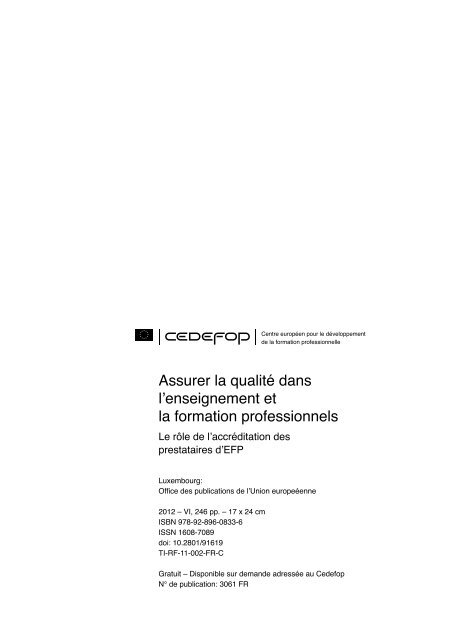 Assurer la qualitÃ© dans l'enseignement et la ... - Cedefop - Europa