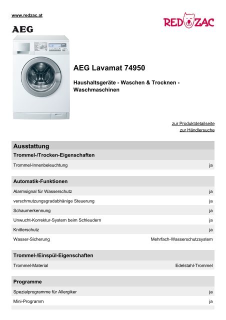 Produktdatenblatt AEG Lavamat 74950 - Red Zac