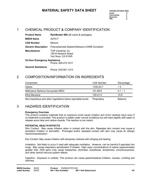 View RainBuster 900 MSDS - Top Industrial, Inc.