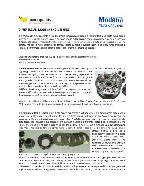 Modena Engineering Scheda tecnica differenziali Modena Engineering - Motorquality