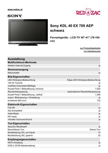 Produktdatenblatt Sony KDL 40 EX 709 AEP schwarz - Red Zac