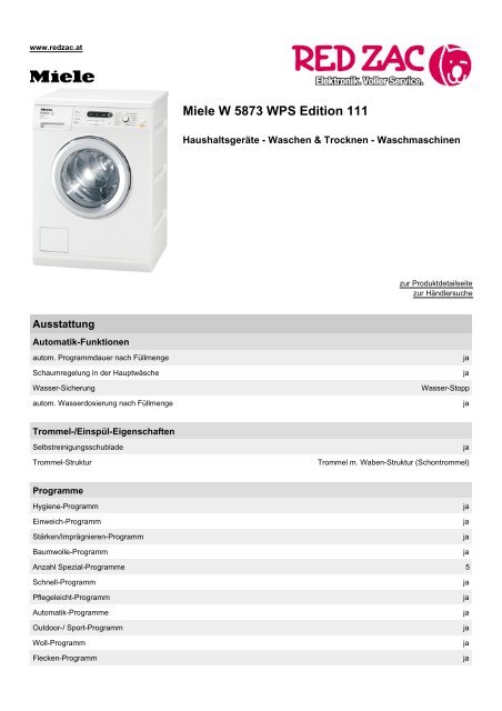 Produktdatenblatt Miele W 5873 WPS Edition 111 - Red Zac