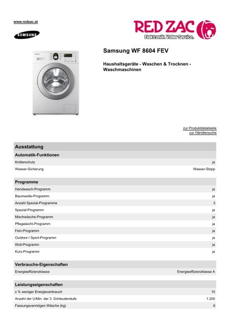 Produktdatenblatt Samsung WF 8604 FEV - Red Zac