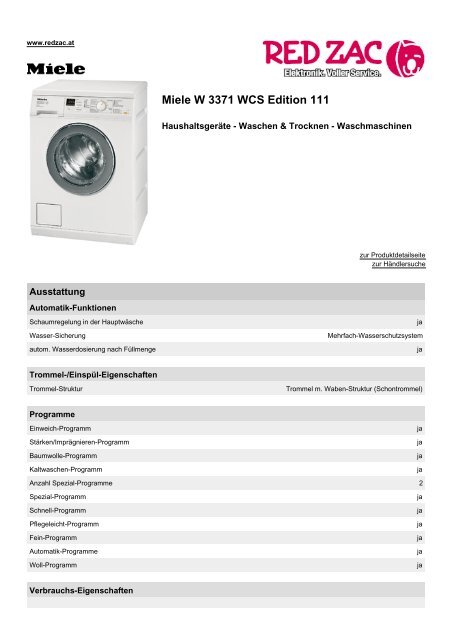 Produktdatenblatt Miele W 3371 WCS Edition 111 - Red Zac