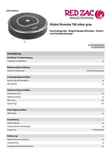 Produktdatenblatt irobot Roomba 780 silber grau - Red Zac