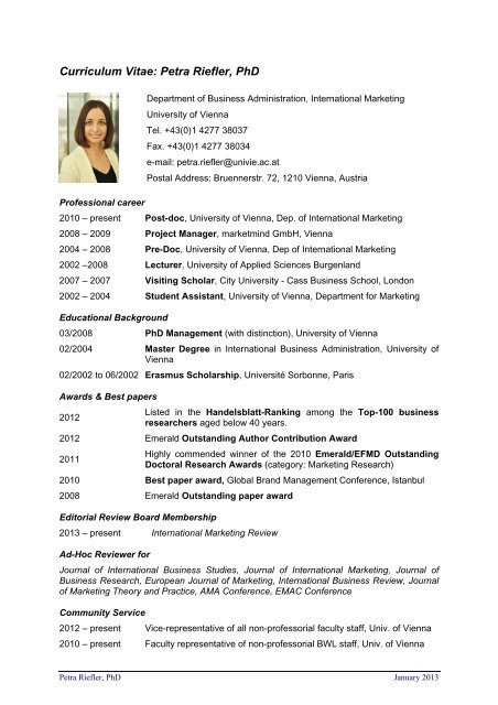 Curriculum Vitae: Petra Riefler, PhD - Chair of International Marketing