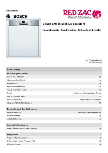 Produktdatenblatt Bosch SMI 85 M 25 DE edelstahl - Red Zac