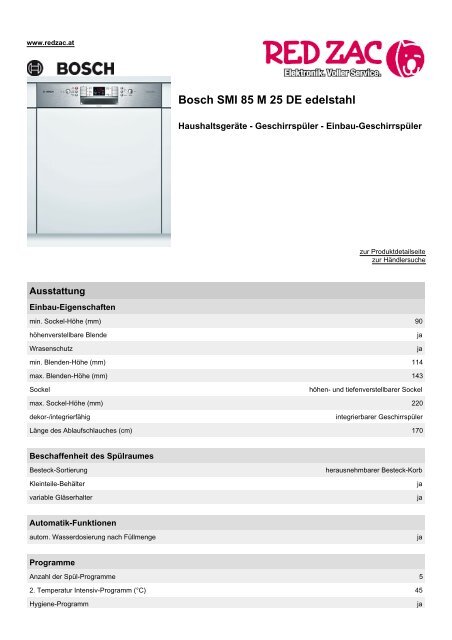 Produktdatenblatt Bosch SMI 85 M 25 DE edelstahl - Red Zac