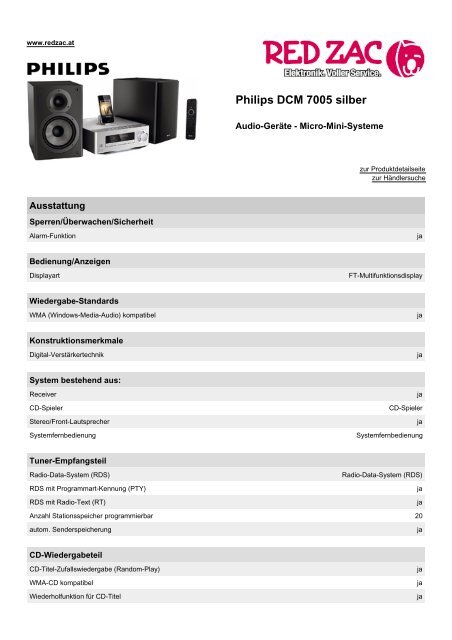 Produktdatenblatt Philips DCM 7005 silber - Red Zac