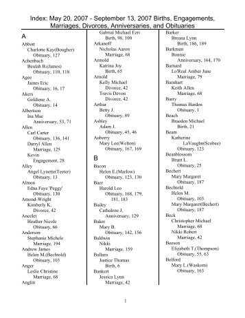 Index: May 20, 2007 - September 13, 2007 Births, Engagements ...