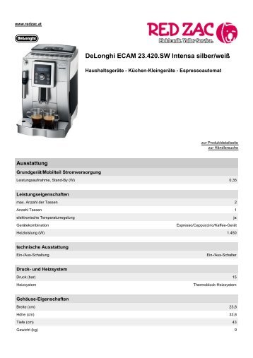 Produktdatenblatt Delonghi ECAM 23.420.SW Intensa ... - Red Zac