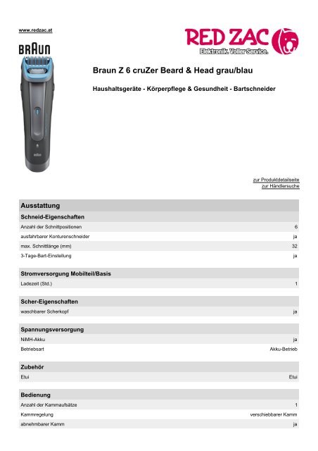 Produktdatenblatt Braun Z 6 cruZer Beard & Head grau/blau - Red Zac