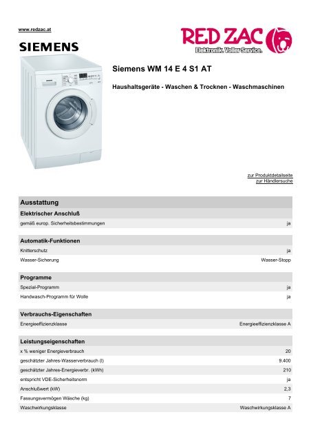 Produktdatenblatt Siemens WM 14 E 4 S1 AT - Red Zac