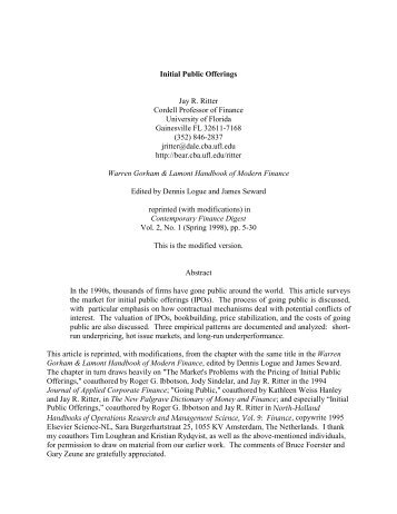 Initial Public Offerings Jay R. Ritter Cordell Professor of Finance ...