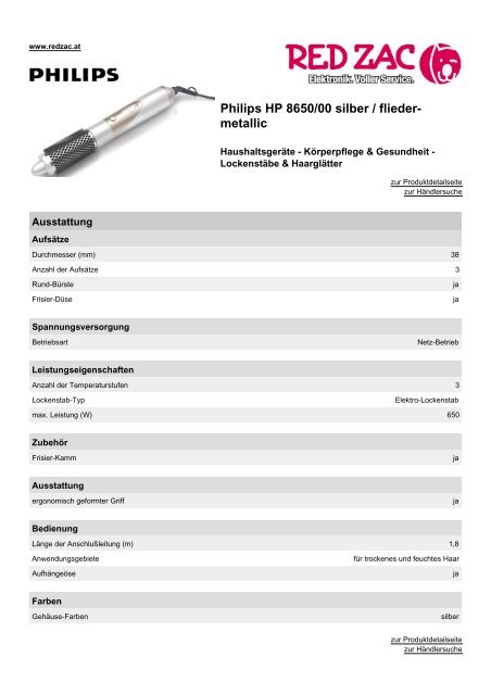 Produktdatenblatt Philips HP 8650/00 silber / flieder-metallic - Red Zac