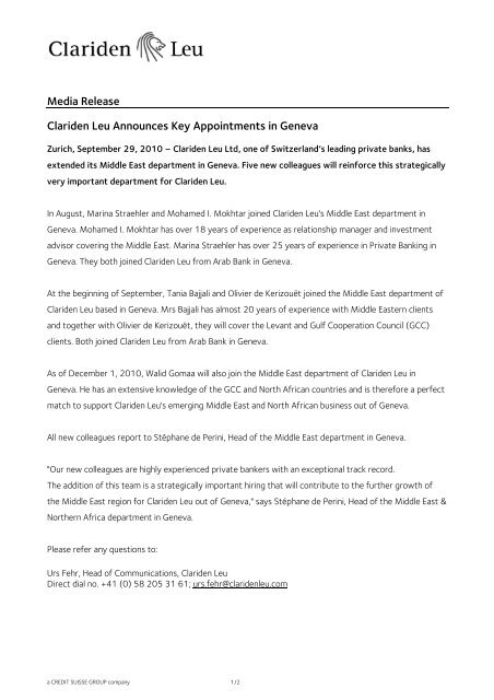 Clariden Leu Announces Key Appointments in Geneva