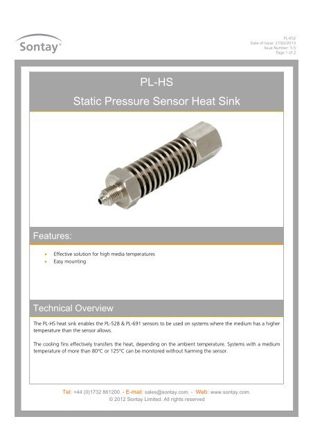 PL-HS Static Pressure Sensor Heat Sink - Sontay