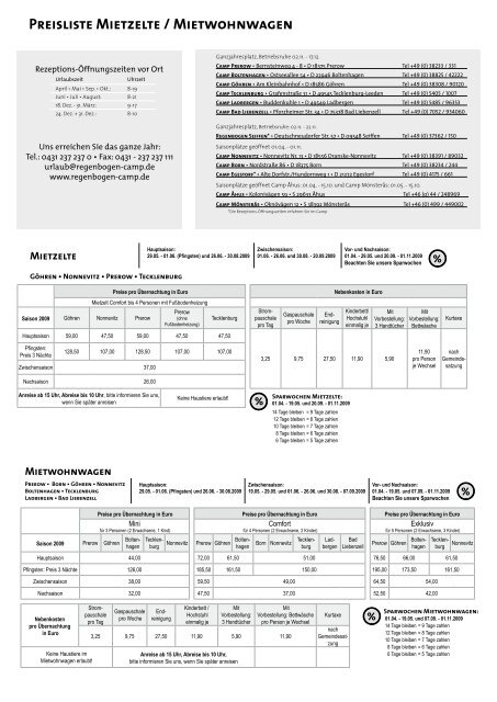 Preisliste Mietzelte / Mietwohnwagen - Regenbogen AG