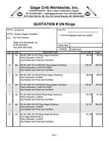 QUOTATION # UN Rings - Ring & Plug Thread Gages