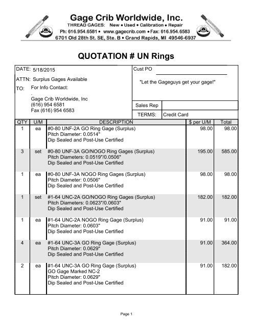 Quotation Un Rings Ring Plug Thread Gages