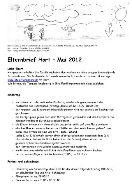 Elternbrief Hort â Mai 2012 - der Kita Storchennest in Altlandsberg