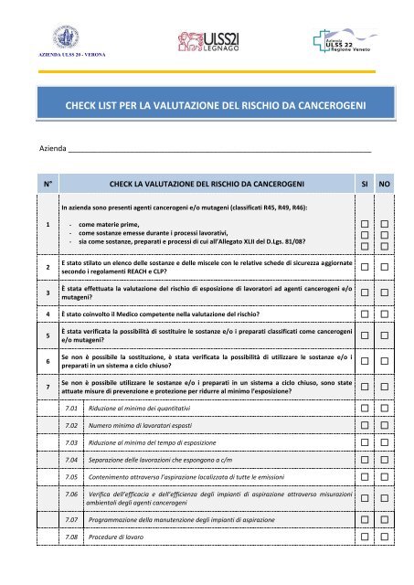 Check list per la valutazione del rischio da cancerogeni