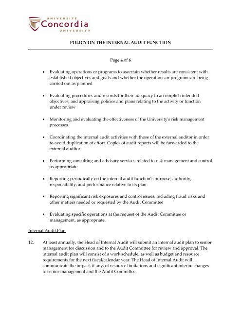 Policy on the Internal Audit Function - Concordia University