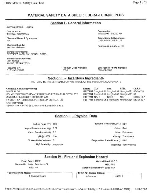 material safety data sheet: lubra-torque plus - Feldman Lumber