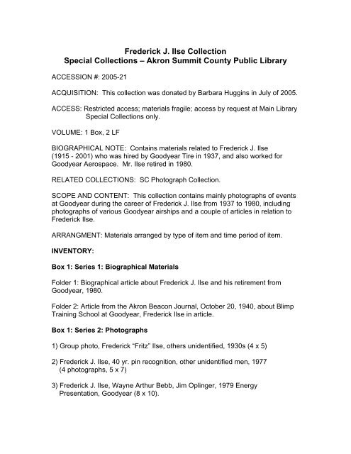 Frederick J Ilse Collection Special Collections A Akron Summit