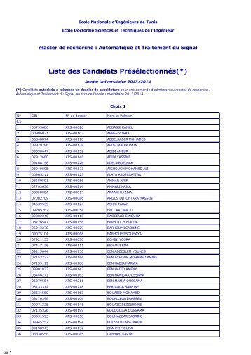 Liste des prÃ©sÃ©lectionnÃ©s - Admission aux mastÃ¨res de l'ENIT