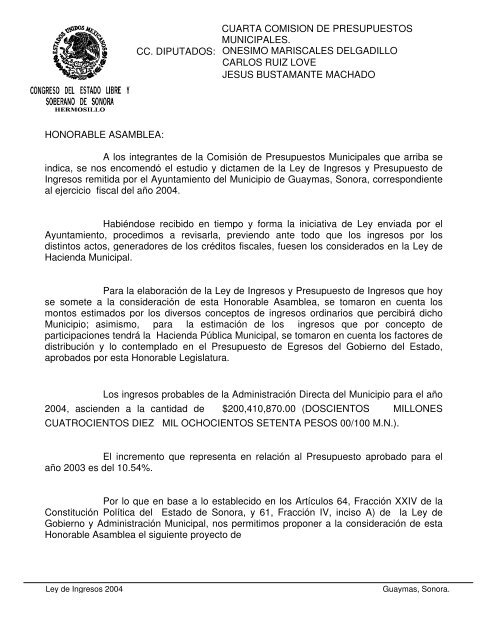 Ley De Ingresos 2004 H Ayuntamiento De Guaymas