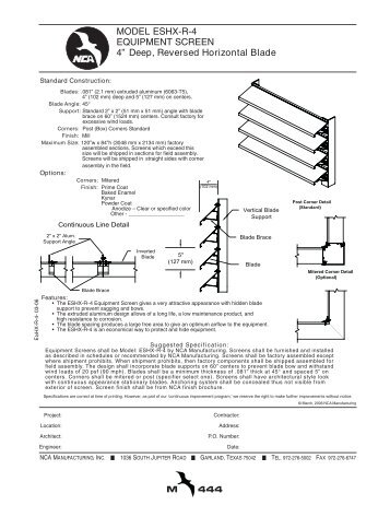 MODEL ESHX-R-4 EQUIPMENT SCREEN - NCA Manufacturing