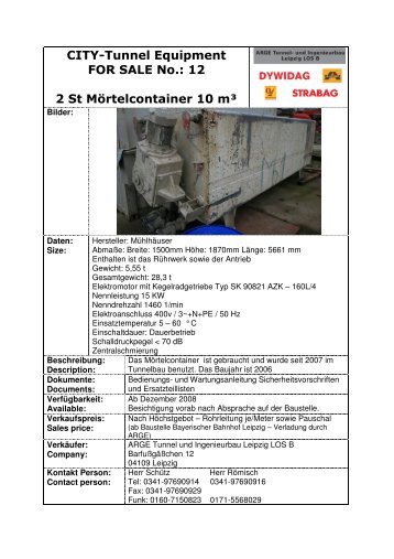 CITY-Tunnel Equipment FOR SALE No.: 12 2 St MÃ¶rtelcontainer 10 mÂ³