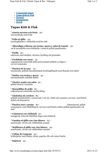 Tapas KÃ¶tt & Fisk - Kvartersmenyn.com