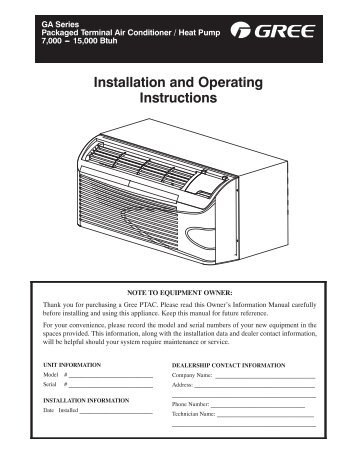 GREE PTAC Owner's Manual - Auer Steel & Heating Supply Co.