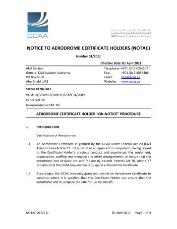 NOTICE TO AERODROME CERTIFICATE HOLDERS (NOTAC)