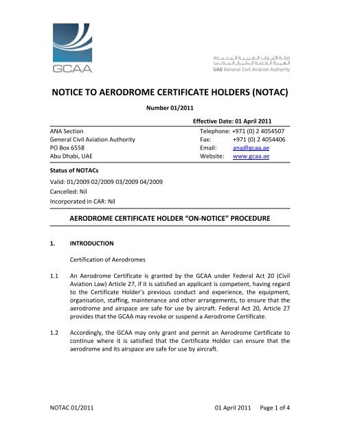 NOTICE TO AERODROME CERTIFICATE HOLDERS (NOTAC)