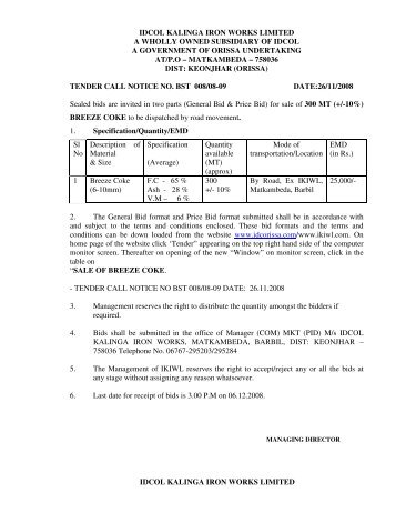idcol kalinga iron works limited a wholly owned subsidiary ... - Tender