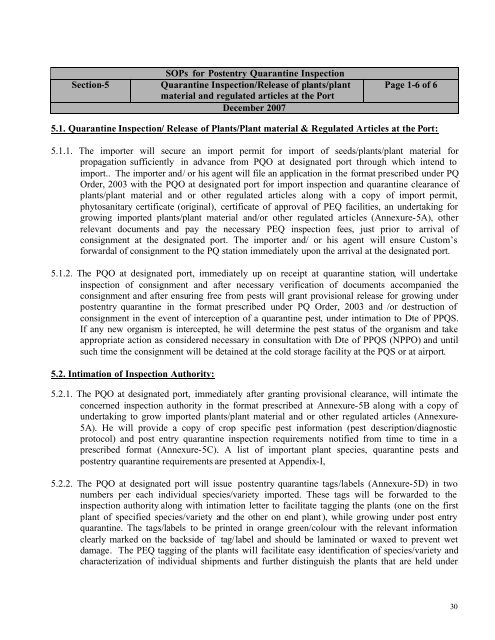 SOP for Post Entry Quarantine Inspection - Plant quarantine India