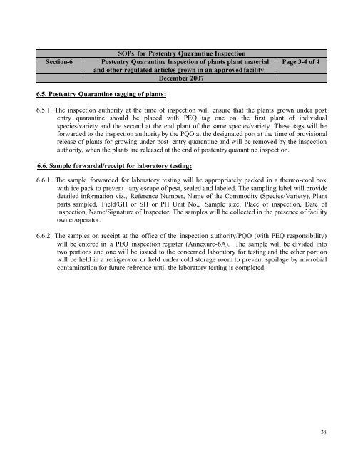 SOP for Post Entry Quarantine Inspection - Plant quarantine India