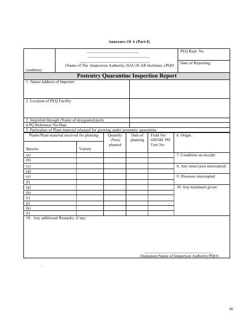 SOP for Post Entry Quarantine Inspection - Plant quarantine India