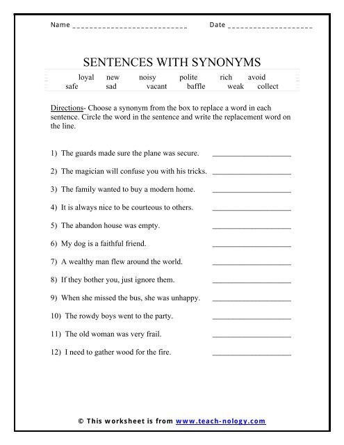 Sentences With Synonyms - Teach-nology