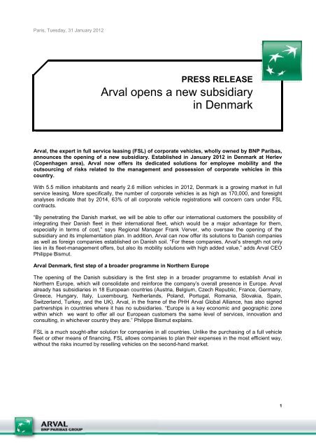 Arval Press Release - Arval opens a new subsidiary in Denmarkx