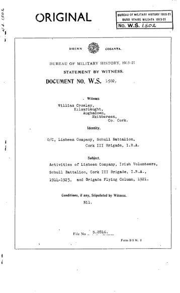 ROINN COSANTA. BUREAU OF MILITARY HISTORY, 1913-21 ...