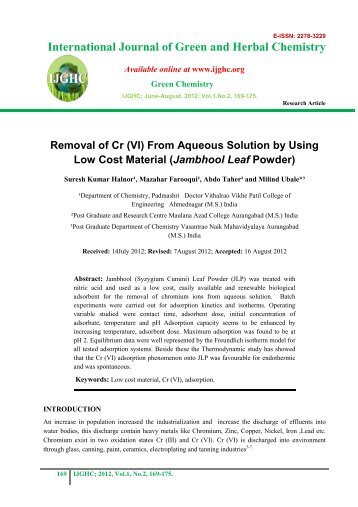 (VI) From Aqueous Solution by Using Low Cost Material - IJGHC